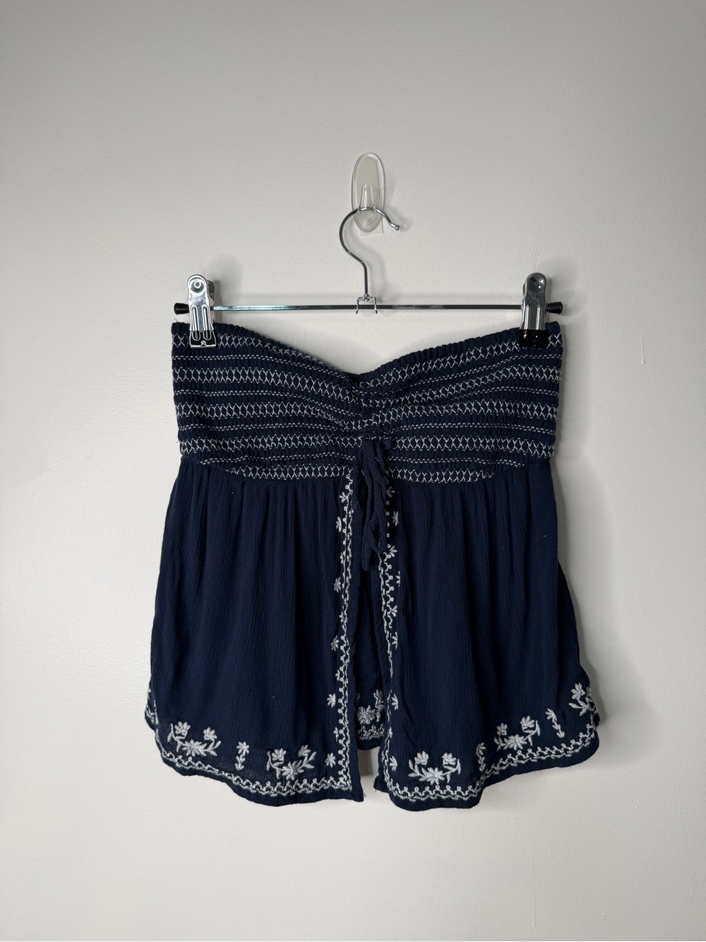 Vintage Hollister Navy Blue Embroidered Smocked Open Front Tube Top XS